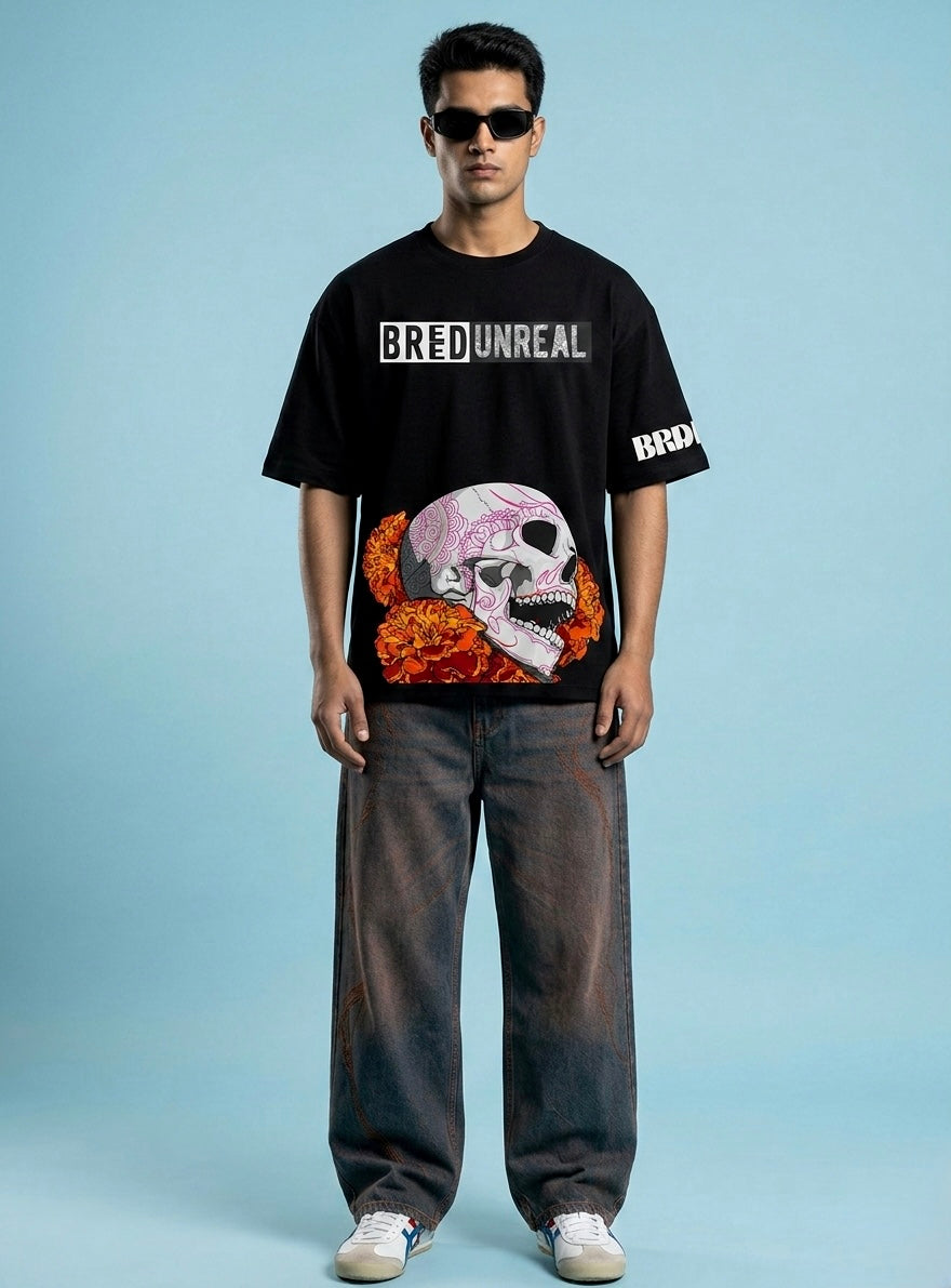 The Black Digital Skull N Flowers Oversized T-Shirt