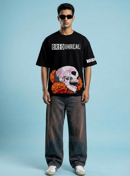 The Black Digital Skull N Flowers Oversized T-Shirt
