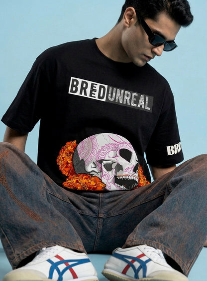 The Black Digital Skull N Flowers Oversized T-Shirt