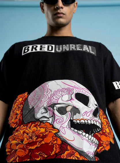 The Black Digital Skull N Flowers Oversized T-Shirt