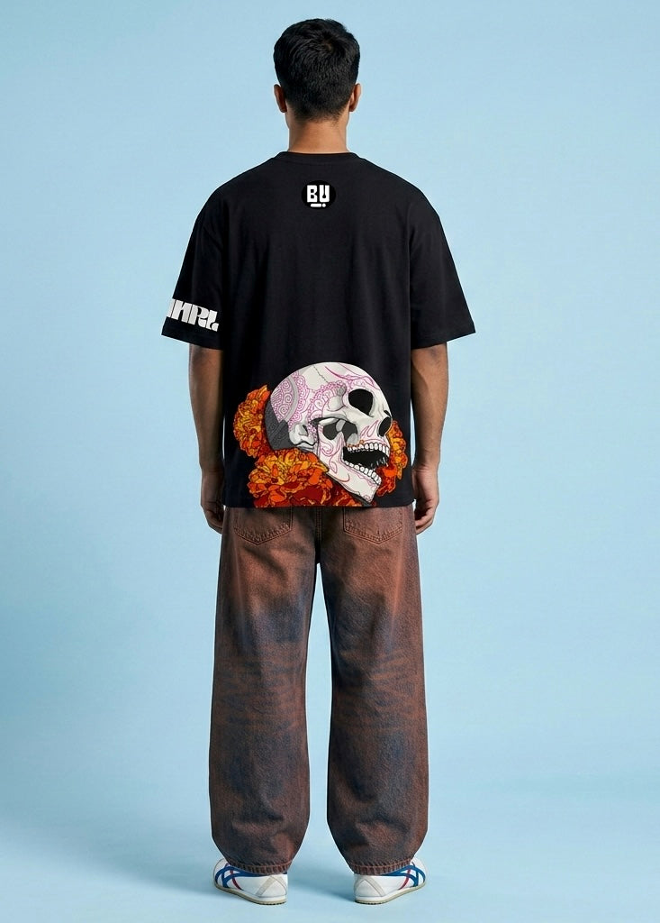 The Black Digital Skull N Flowers Oversized T-Shirt