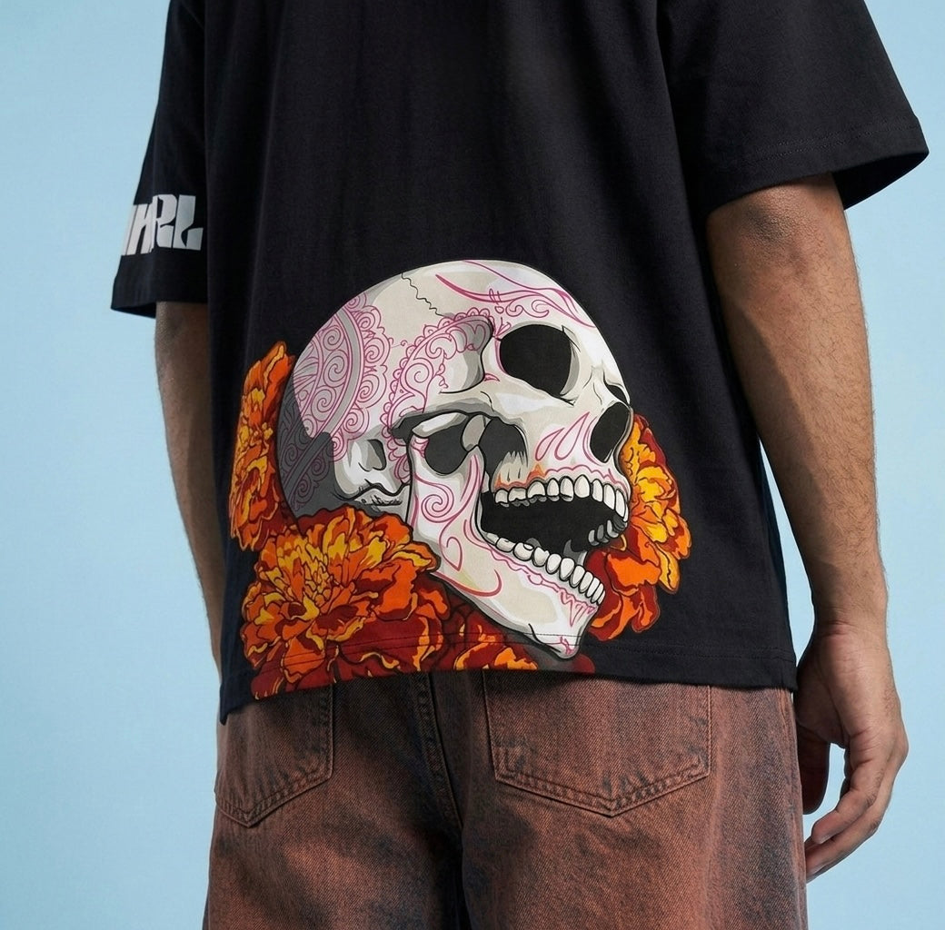 The Black Digital Skull N Flowers Oversized T-Shirt