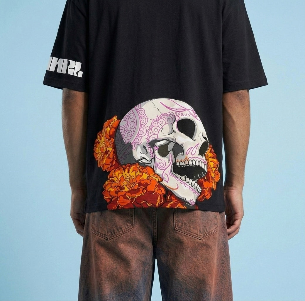 The Black Digital Skull N Flowers Oversized T-Shirt