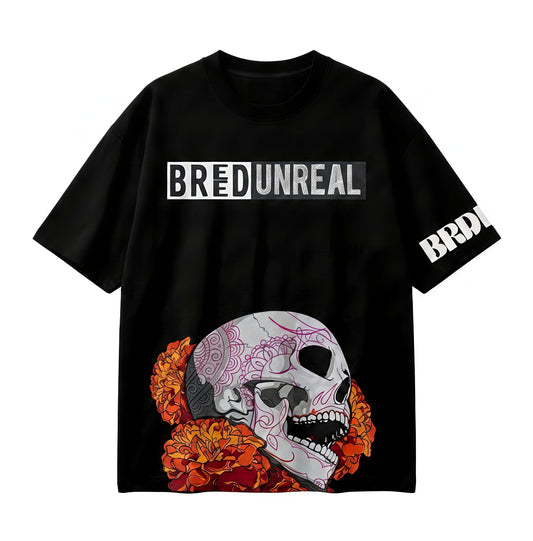 The Black Digital Skull N Flowers Oversized T-Shirt